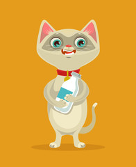 Happy cat character hold milk bottle. Vector flat cartoon illustration