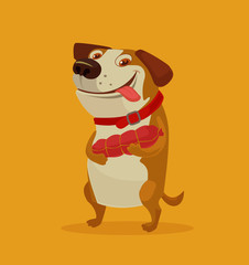 Happy dog character hold sausage. Vector flat cartoon illustration
