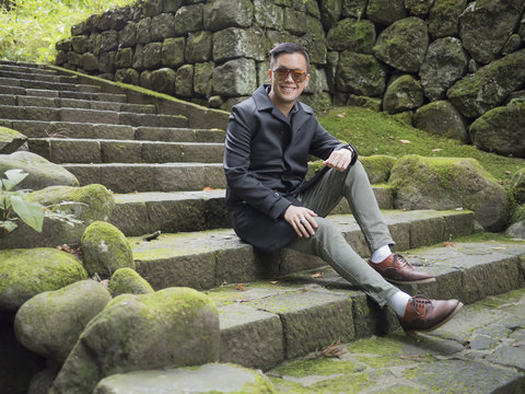 A Man Sitting On The Stair Japan , Nikko . Focus On The Model . Japan Set