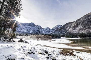 first snow at the mountain lake