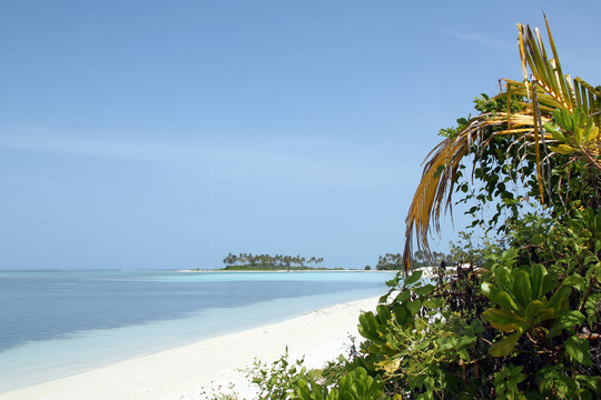 Tropical Beach with White Sand, Turqoise Water and Tropical Vegetation. Bodufinolhu, aka Fun Island, South Male Atoll, Maldives