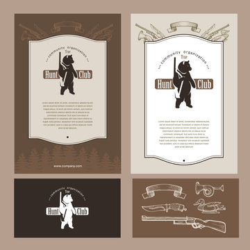 Set of corporate identity elements. Bear with a gun. Hunting club. Logo, emblem