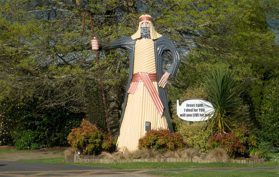 Huge statue of Jesus near road in Tirau, New Zealand
