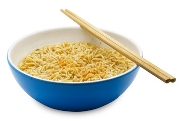 Cooked instant rice noodles in a blue bowl