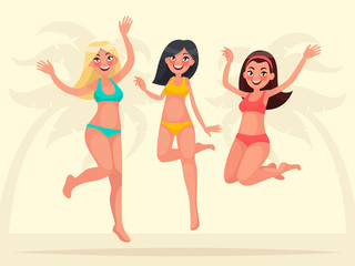 Summer vacation. Three happy girlfriends are jumping on a backgr