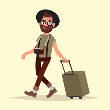 Air traveler. Hipster man with luggage goes to the airport. Vect