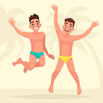 Summer vacation. Two young men are  jumping on the beach backgro