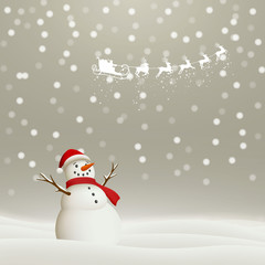 Vector Illustration of a Christmas Holiday Design with Flying Santa Claus and Snowman