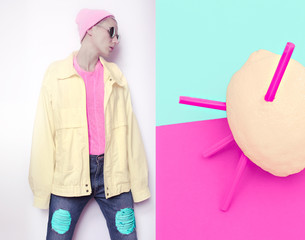 Tomboy Girl in hipster hat beanie and vintage sports jacket jean © Porechenskaya