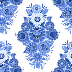 vintage monochrome seamless texture with blue stylized flowers