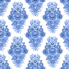 ethnic monochrome seamless texture with blue stylized floral pat
