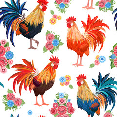 vintage seamless texture with colorful lovely roosters and flowe