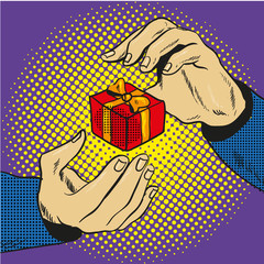 Hands with gift pop art comic vector