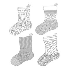Set of Hand drawn Christmas sock or boot with doodle decorative stars. Black and white pattern for coloring book, holiday greeting cards, print or wrapping paper. Vector illustration.