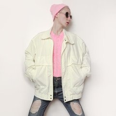 Vanilla vibration Tomboy Girl in hipster hat beanie and vintage