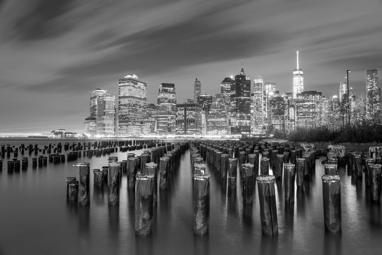 Famous Manhattan view at night - black and white - New York City