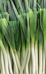 Fresh leeks on sale in a market