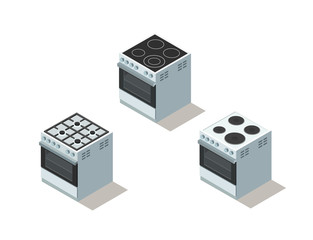 Vector isometric set of electric and gas cooker, stove, kitchen equipment.