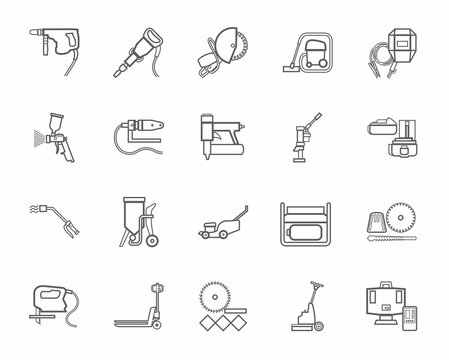 Construction tools, consumables, icons, contour, monochrome.  Vector, contour gray drawings of equipment for construction and renovation on a white background. 