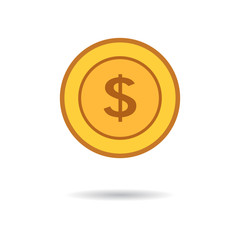 Vector illustration of a gold coin dollar in  flat style.