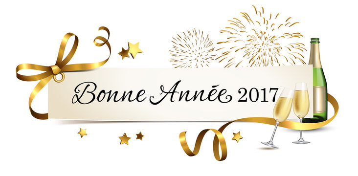 Carte de salutations avec champagne et feu d'artifice - Bonne année 2017