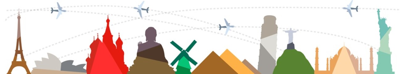 Reisen Skyline mit allen Sehenswürdigkeiten und Flugzeugen mit Reise Routen