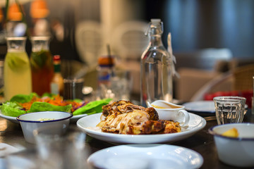 roast chicken display on table restaurant. Selective focus, shallow depth of field.
