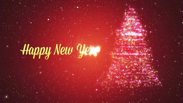 Looped background with Christmas tree of magic particles. Winter festive background with falling snowflakes and animated inscription New Year.