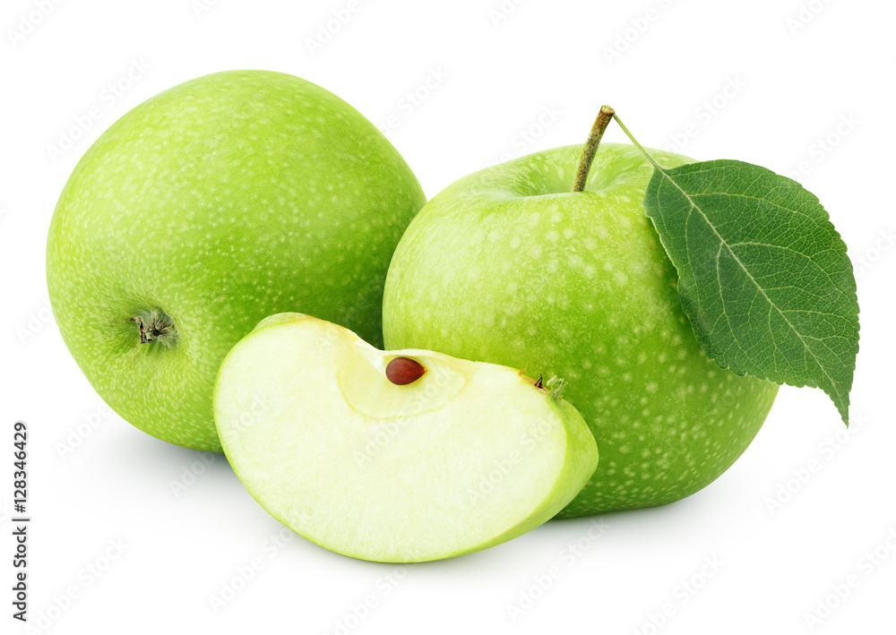 Wall mural Ripe green apples with leaf and slice isolated on white background with clipping path