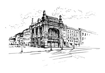 Hand drawn beautiful building. Architecture style. Saint-Petersburg. Sketch, vector illustration.