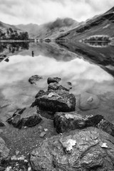 Beautiful Autumn Fall black adn white landscape image of Lake Bu
