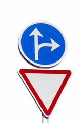 traffic signal caution and red and blue triangle and circle obligation
