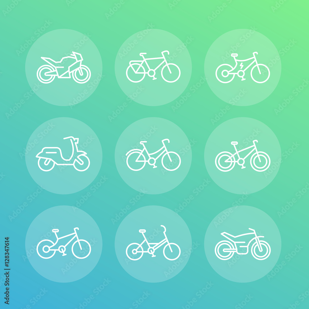 Sticker Bikes line icons set, cycling, motorcycle, motorbike, electric bicycle, fat bike, scooter, vector illustration