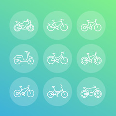 Bikes line icons set, cycling, motorcycle, motorbike, electric bicycle, fat bike, scooter, vector illustration