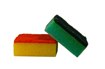 Multicolored kitchen sponges on a white background