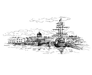 Old beautiful ship on Neva river with bridge, Saint-petersburg, Russia. Vector illustration. Sketch.