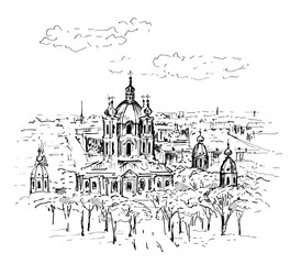 Obraz premium Hand drawn skyline of Saint-petersburg with Cathedral. Vector illustration. Sketch.