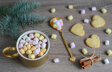Obraz na płótnie Canvas Hot cocoa with marshmallows and Christmas decorations