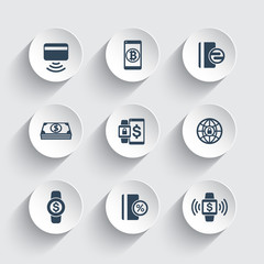 Fototapeta na wymiar modern payment methods icons set, contactless card, payment with wearable devices