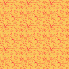 pattern with skulls and hearts, bones, daggers, seamless background in red and yellow