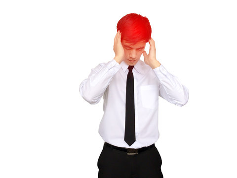 Stress young asian man on white background..Man having headache on white background.Fail business man