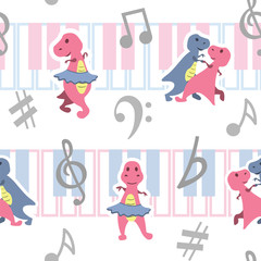 Dancing dino seamless pattern with music keyboards