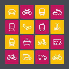 Transport line icons, ship, train, airplane, bike, car, motorbike, camper, bus, taxi, trolleybus, subway, air and maritime