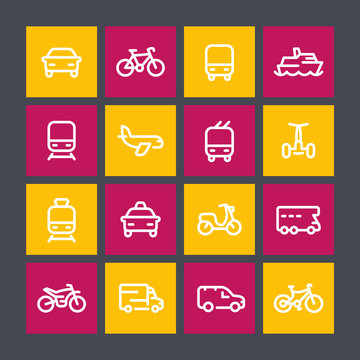 Transport line icons, ship, train, airplane, bike, car, motorbike, camper, bus, taxi, trolleybus, subway, air and maritime
