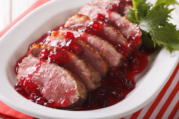 Festive food: roast duck breast with cranberry sauce close-up. Horizontal