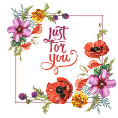 Wildflower poppy flower frame in a watercolor style isolated.