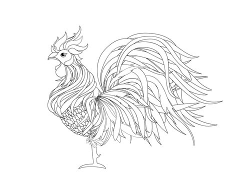 Rooster. Vector. Monochrome. Black and white graphic style.Symbol 2017.Isolated Cockerel 