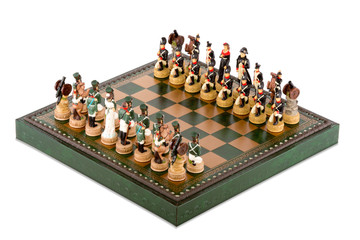 Chess pieces on the board on a white background.