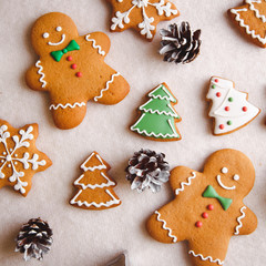 beautiful Christmas background with gingerbread men, Christmas trees and snowflakes with pine cones