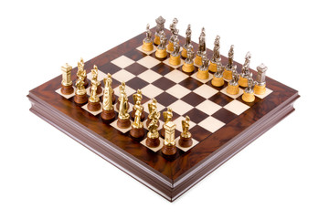 Chess pieces on the board on a white background